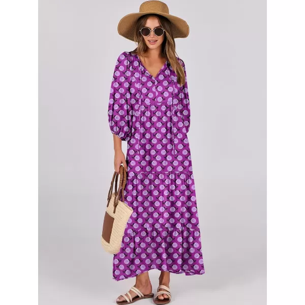 imageANRABESS Womens Boho Maxi Dresses 2024 Summer V Neck Puff Sleeve Casual Flowy Swing ALine Long Beach DressPurple