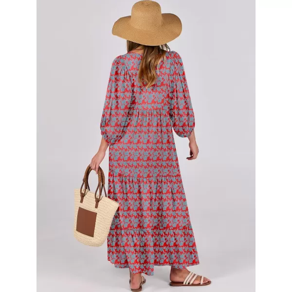 imageANRABESS Womens Boho Maxi Dresses 2024 Summer V Neck Puff Sleeve Casual Flowy Swing ALine Long Beach DressRed