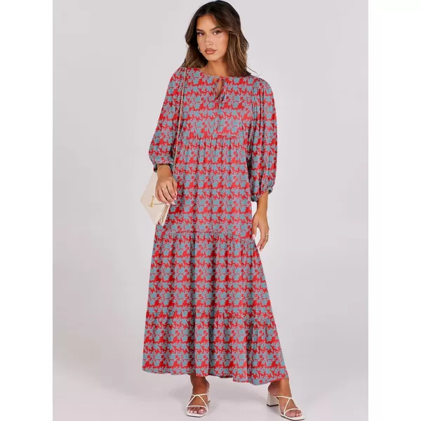 imageANRABESS Womens Boho Maxi Dresses 2024 Summer V Neck Puff Sleeve Casual Flowy Swing ALine Long Beach DressRed