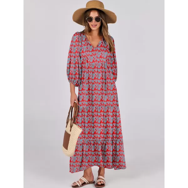 imageANRABESS Womens Boho Maxi Dresses 2024 Summer V Neck Puff Sleeve Casual Flowy Swing ALine Long Beach DressRed