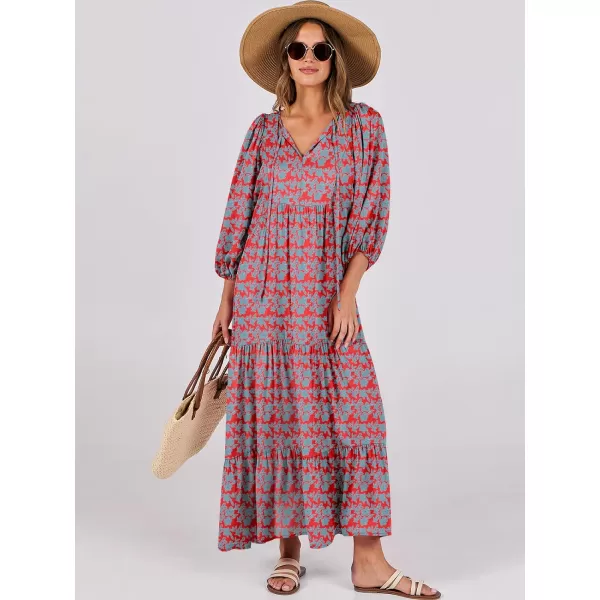 imageANRABESS Womens Boho Maxi Dresses 2024 Summer V Neck Puff Sleeve Casual Flowy Swing ALine Long Beach DressRed