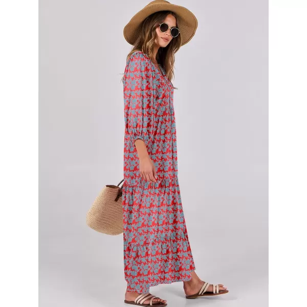 imageANRABESS Womens Boho Maxi Dresses 2024 Summer V Neck Puff Sleeve Casual Flowy Swing ALine Long Beach DressRed