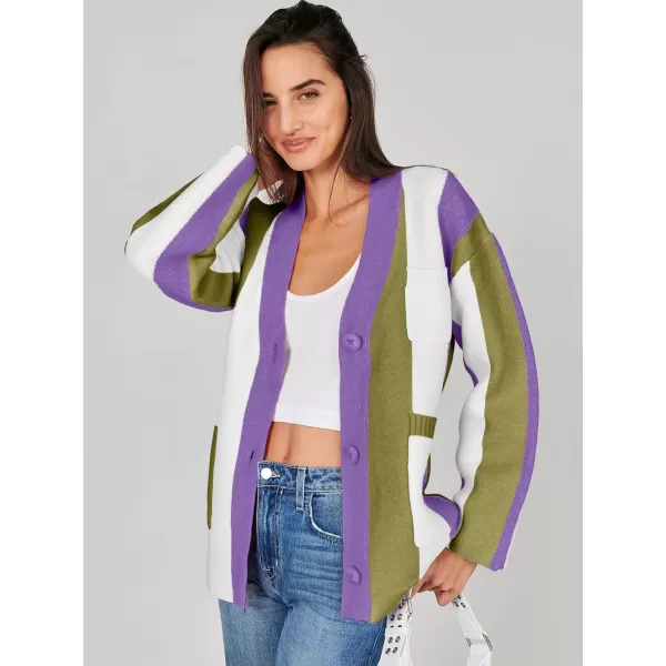 imageANRABESS Womens Cable Knit Long Sleeve Open Front Cardigan Sweaters Color Block Boho Striped Outwear CoatsArmy Green