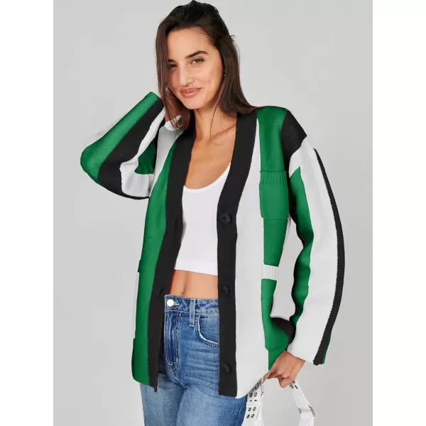 imageANRABESS Womens Cable Knit Long Sleeve Open Front Cardigan Sweaters Color Block Boho Striped Outwear CoatsBlack Green