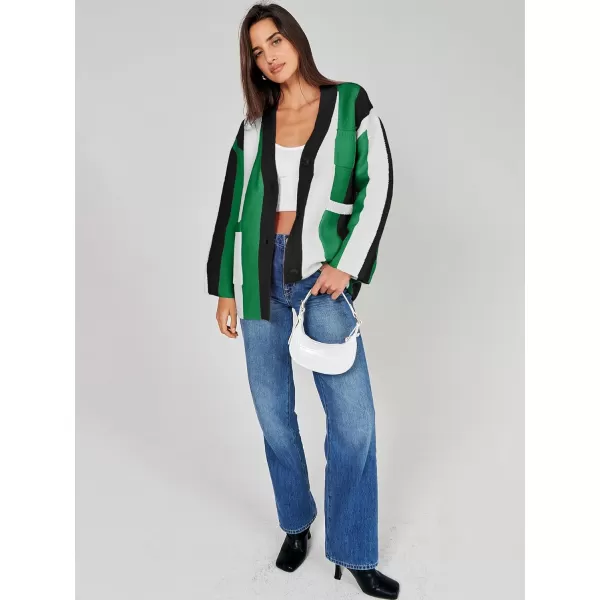 imageANRABESS Womens Cable Knit Long Sleeve Open Front Cardigan Sweaters Color Block Boho Striped Outwear CoatsBlack Green