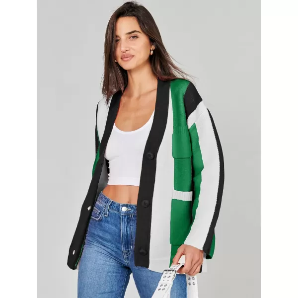 imageANRABESS Womens Cable Knit Long Sleeve Open Front Cardigan Sweaters Color Block Boho Striped Outwear CoatsBlack Green