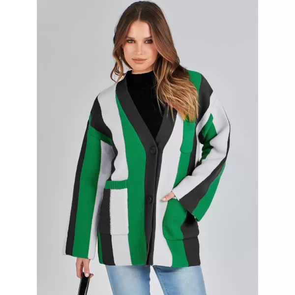 imageANRABESS Womens Cable Knit Long Sleeve Open Front Cardigan Sweaters Color Block Boho Striped Outwear CoatsBlack Green