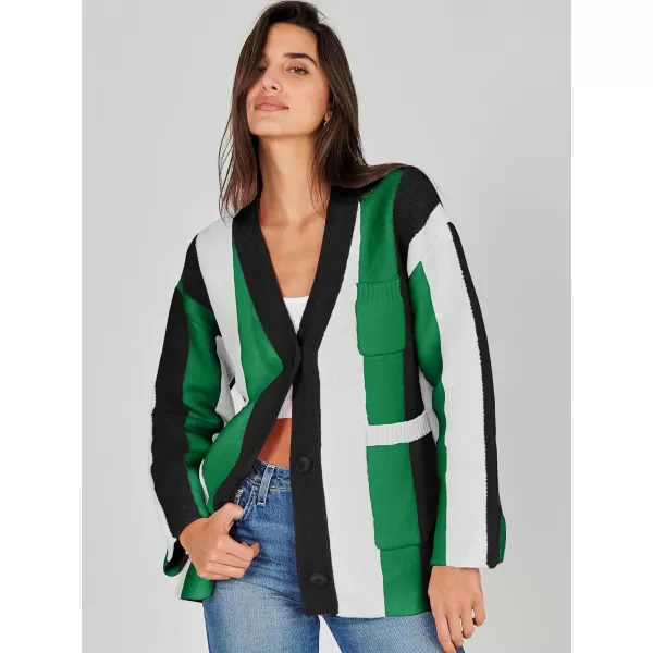 imageANRABESS Womens Cable Knit Long Sleeve Open Front Cardigan Sweaters Color Block Boho Striped Outwear CoatsBlack Green