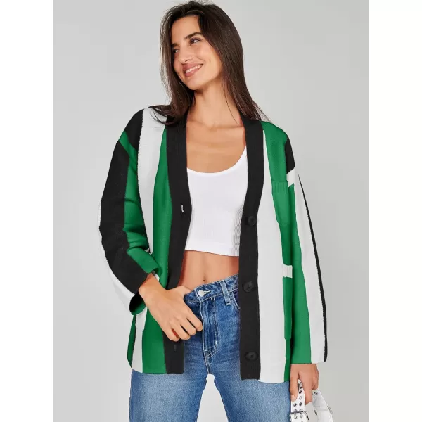imageANRABESS Womens Cable Knit Long Sleeve Open Front Cardigan Sweaters Color Block Boho Striped Outwear CoatsBlack Green