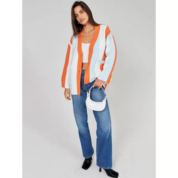 imageANRABESS Womens Cable Knit Long Sleeve Open Front Cardigan Sweaters Color Block Boho Striped Outwear CoatsRainbow Orange