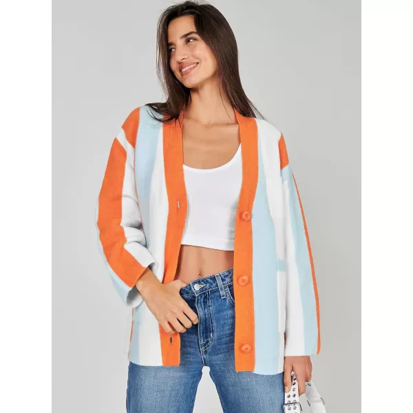imageANRABESS Womens Cable Knit Long Sleeve Open Front Cardigan Sweaters Color Block Boho Striped Outwear CoatsRainbow Orange