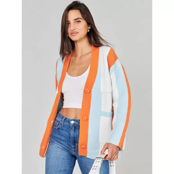 imageANRABESS Womens Cable Knit Long Sleeve Open Front Cardigan Sweaters Color Block Boho Striped Outwear CoatsRainbow Orange