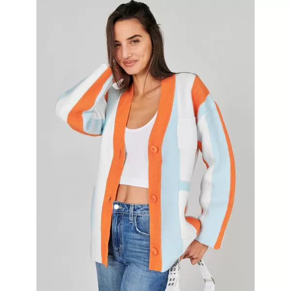 imageANRABESS Womens Cable Knit Long Sleeve Open Front Cardigan Sweaters Color Block Boho Striped Outwear CoatsRainbow Orange