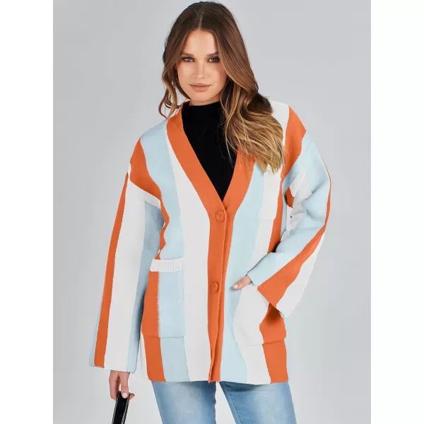 imageANRABESS Womens Cable Knit Long Sleeve Open Front Cardigan Sweaters Color Block Boho Striped Outwear CoatsRainbow Orange