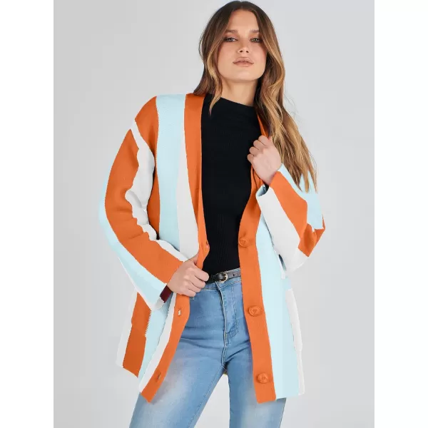 imageANRABESS Womens Cable Knit Long Sleeve Open Front Cardigan Sweaters Color Block Boho Striped Outwear CoatsRainbow Orange