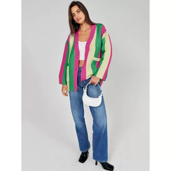 imageANRABESS Womens Cable Knit Long Sleeve Open Front Cardigan Sweaters Color Block Boho Striped Outwear CoatsRainbow Pink