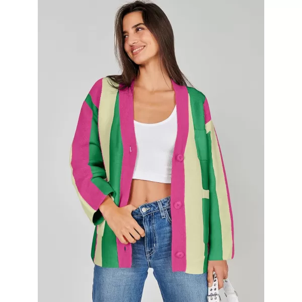 imageANRABESS Womens Cable Knit Long Sleeve Open Front Cardigan Sweaters Color Block Boho Striped Outwear CoatsRainbow Pink