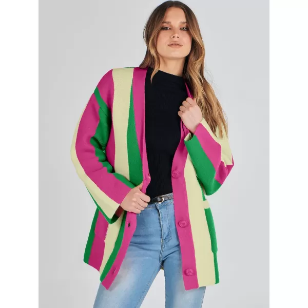 imageANRABESS Womens Cable Knit Long Sleeve Open Front Cardigan Sweaters Color Block Boho Striped Outwear CoatsRainbow Pink