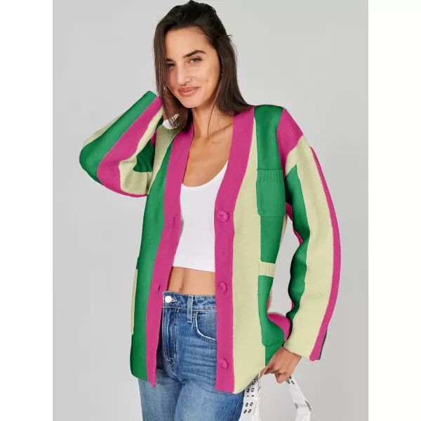 imageANRABESS Womens Cable Knit Long Sleeve Open Front Cardigan Sweaters Color Block Boho Striped Outwear CoatsRainbow Pink