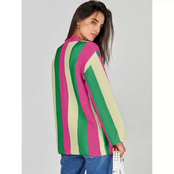 imageANRABESS Womens Cable Knit Long Sleeve Open Front Cardigan Sweaters Color Block Boho Striped Outwear CoatsRainbow Pink