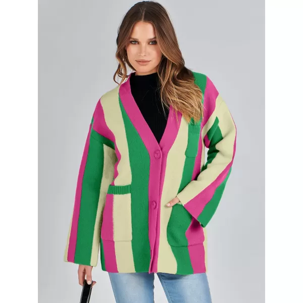 imageANRABESS Womens Cable Knit Long Sleeve Open Front Cardigan Sweaters Color Block Boho Striped Outwear CoatsRainbow Pink