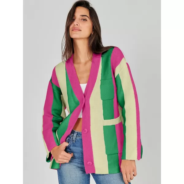 imageANRABESS Womens Cable Knit Long Sleeve Open Front Cardigan Sweaters Color Block Boho Striped Outwear CoatsRainbow Pink