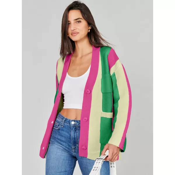imageANRABESS Womens Cable Knit Long Sleeve Open Front Cardigan Sweaters Color Block Boho Striped Outwear CoatsRainbow Pink