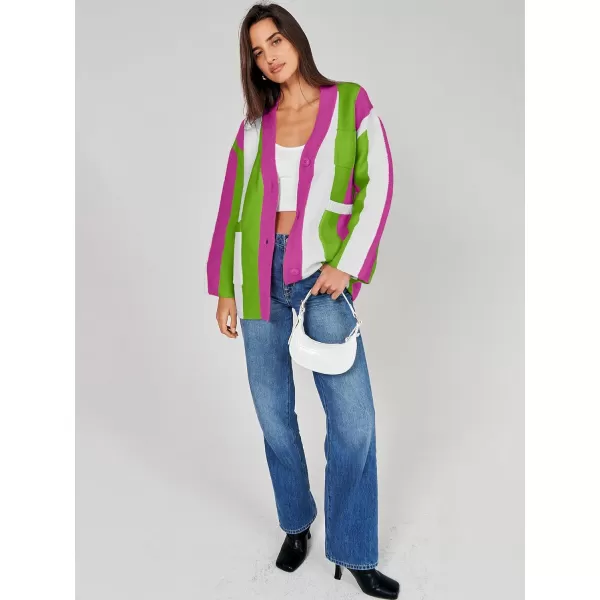 imageANRABESS Womens Cable Knit Long Sleeve Open Front Cardigan Sweaters Color Block Boho Striped Outwear CoatsRainbow Purple