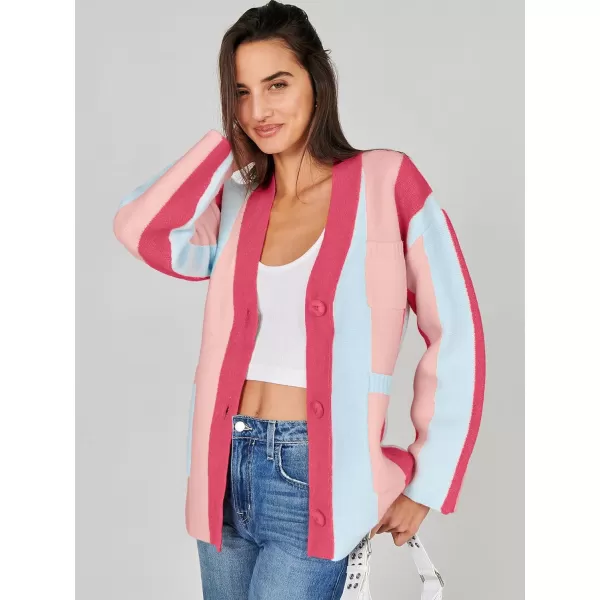 imageANRABESS Womens Cable Knit Long Sleeve Open Front Cardigan Sweaters Color Block Boho Striped Outwear CoatsRose Pink