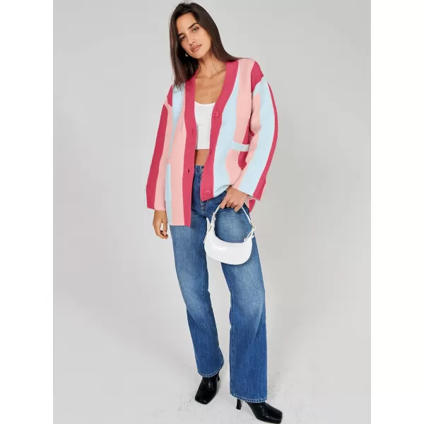 imageANRABESS Womens Cable Knit Long Sleeve Open Front Cardigan Sweaters Color Block Boho Striped Outwear CoatsRose Pink
