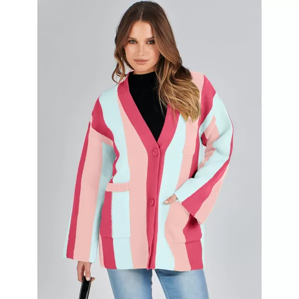 imageANRABESS Womens Cable Knit Long Sleeve Open Front Cardigan Sweaters Color Block Boho Striped Outwear CoatsRose Pink