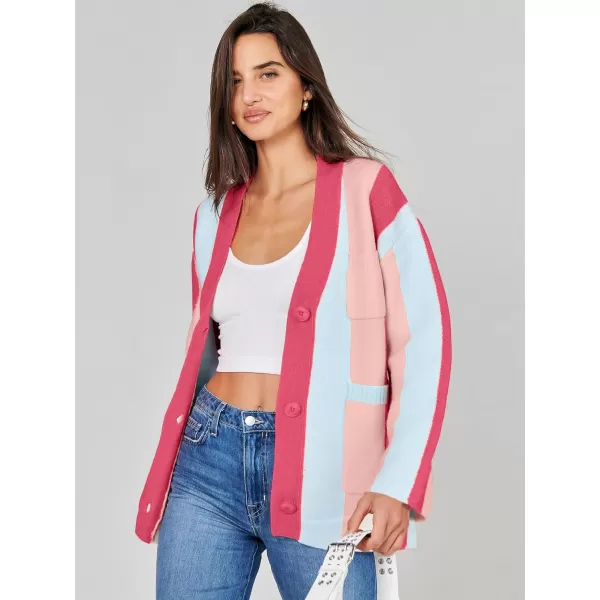 imageANRABESS Womens Cable Knit Long Sleeve Open Front Cardigan Sweaters Color Block Boho Striped Outwear CoatsRose Pink