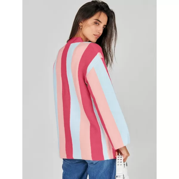 imageANRABESS Womens Cable Knit Long Sleeve Open Front Cardigan Sweaters Color Block Boho Striped Outwear CoatsRose Pink
