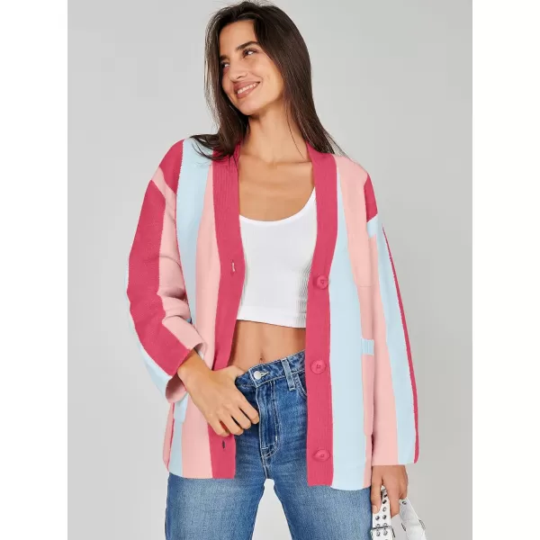 imageANRABESS Womens Cable Knit Long Sleeve Open Front Cardigan Sweaters Color Block Boho Striped Outwear CoatsRose Pink