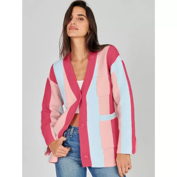 imageANRABESS Womens Cable Knit Long Sleeve Open Front Cardigan Sweaters Color Block Boho Striped Outwear CoatsRose Pink
