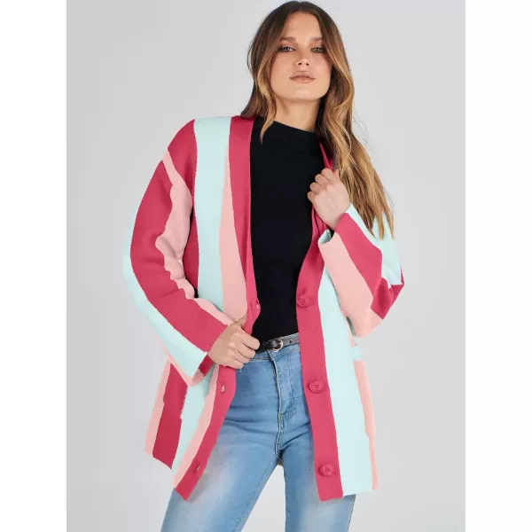 imageANRABESS Womens Cable Knit Long Sleeve Open Front Cardigan Sweaters Color Block Boho Striped Outwear CoatsRose Pink