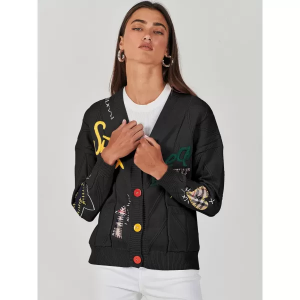 imageANRABESS Womens Cable Knit Long Sleeve Open Front Cardigan Sweaters Fashion Button Down Embroidery Outwear CoatsBlack
