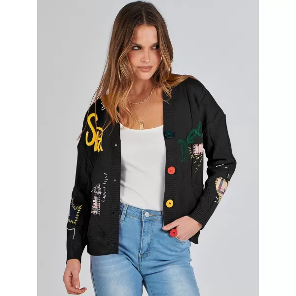 imageANRABESS Womens Cable Knit Long Sleeve Open Front Cardigan Sweaters Fashion Button Down Embroidery Outwear CoatsBlack