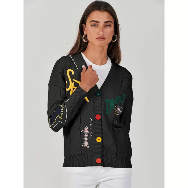 imageANRABESS Womens Cable Knit Long Sleeve Open Front Cardigan Sweaters Fashion Button Down Embroidery Outwear CoatsBlack