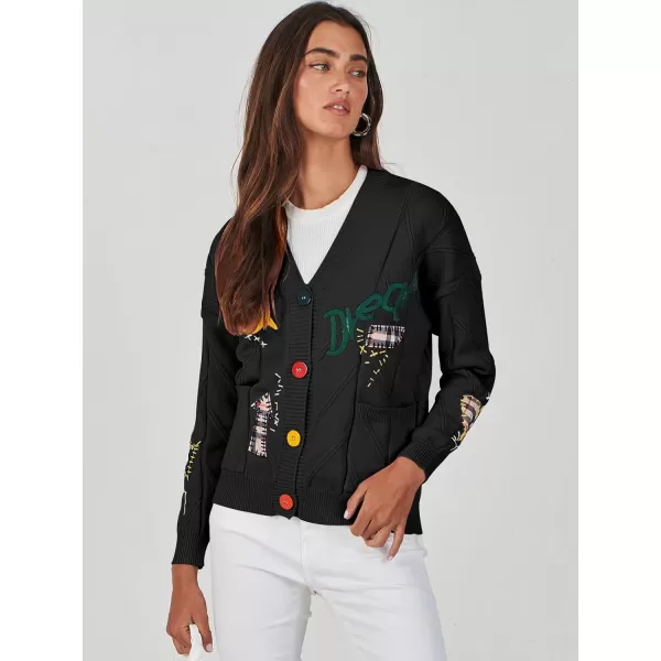 imageANRABESS Womens Cable Knit Long Sleeve Open Front Cardigan Sweaters Fashion Button Down Embroidery Outwear CoatsBlack