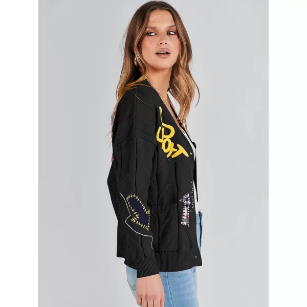 imageANRABESS Womens Cable Knit Long Sleeve Open Front Cardigan Sweaters Fashion Button Down Embroidery Outwear CoatsBlack