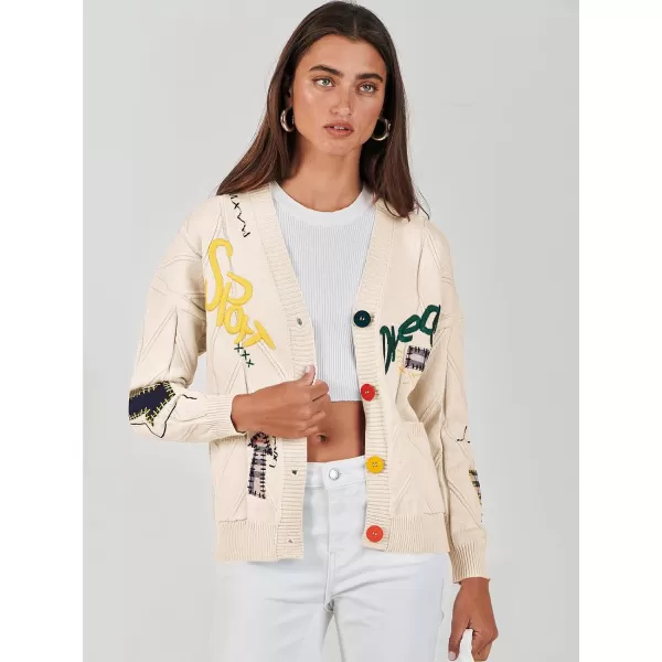 imageANRABESS Womens Cable Knit Long Sleeve Open Front Cardigan Sweaters Fashion Button Down Embroidery Outwear CoatsKhaki