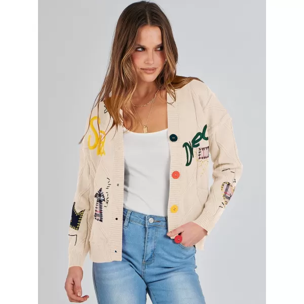 imageANRABESS Womens Cable Knit Long Sleeve Open Front Cardigan Sweaters Fashion Button Down Embroidery Outwear CoatsKhaki