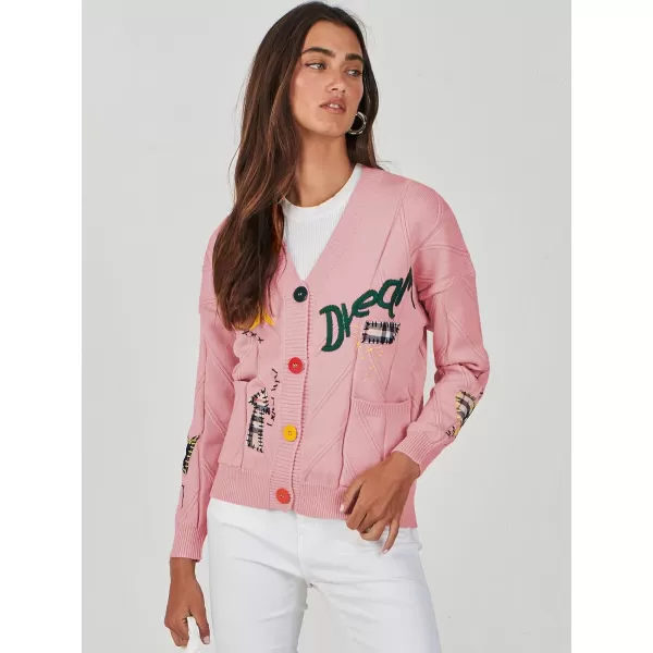 imageANRABESS Womens Cable Knit Long Sleeve Open Front Cardigan Sweaters Fashion Button Down Embroidery Outwear CoatsPink