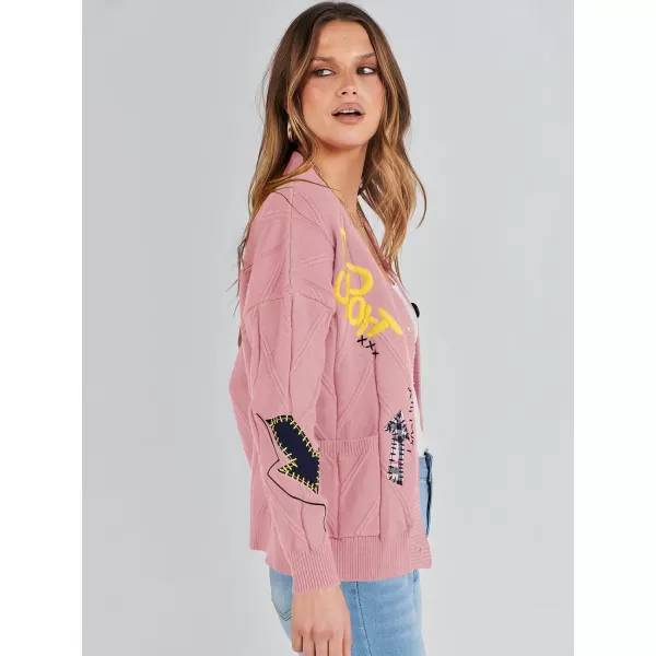 imageANRABESS Womens Cable Knit Long Sleeve Open Front Cardigan Sweaters Fashion Button Down Embroidery Outwear CoatsPink