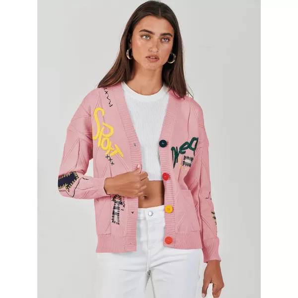 imageANRABESS Womens Cable Knit Long Sleeve Open Front Cardigan Sweaters Fashion Button Down Embroidery Outwear CoatsPink