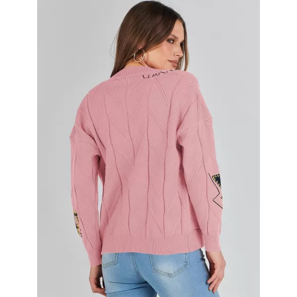 imageANRABESS Womens Cable Knit Long Sleeve Open Front Cardigan Sweaters Fashion Button Down Embroidery Outwear CoatsPink