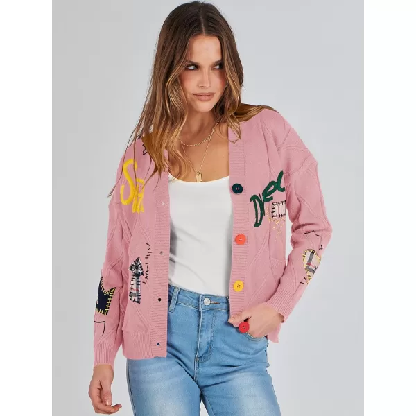 imageANRABESS Womens Cable Knit Long Sleeve Open Front Cardigan Sweaters Fashion Button Down Embroidery Outwear CoatsPink