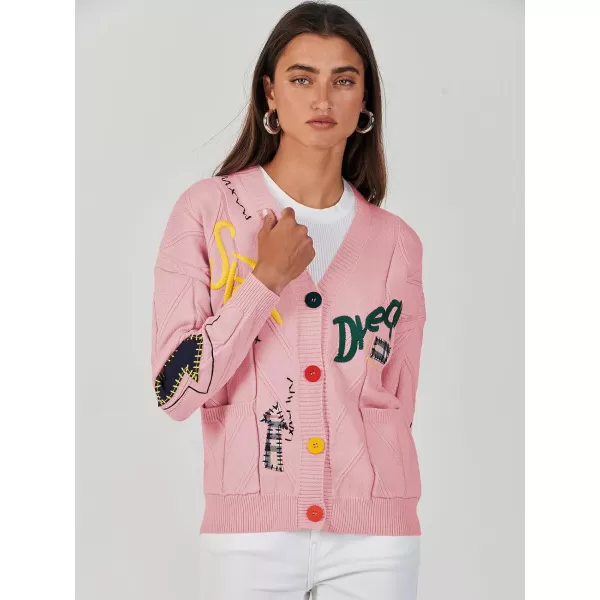 imageANRABESS Womens Cable Knit Long Sleeve Open Front Cardigan Sweaters Fashion Button Down Embroidery Outwear CoatsPink