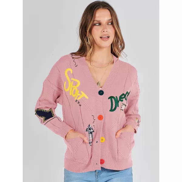 imageANRABESS Womens Cable Knit Long Sleeve Open Front Cardigan Sweaters Fashion Button Down Embroidery Outwear CoatsPink